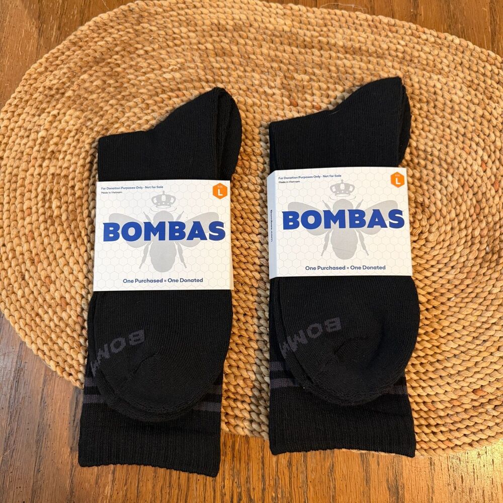 Bombas Men’s Large Black Crew Socks 2 Pairs Cushioned Arch Support NEW